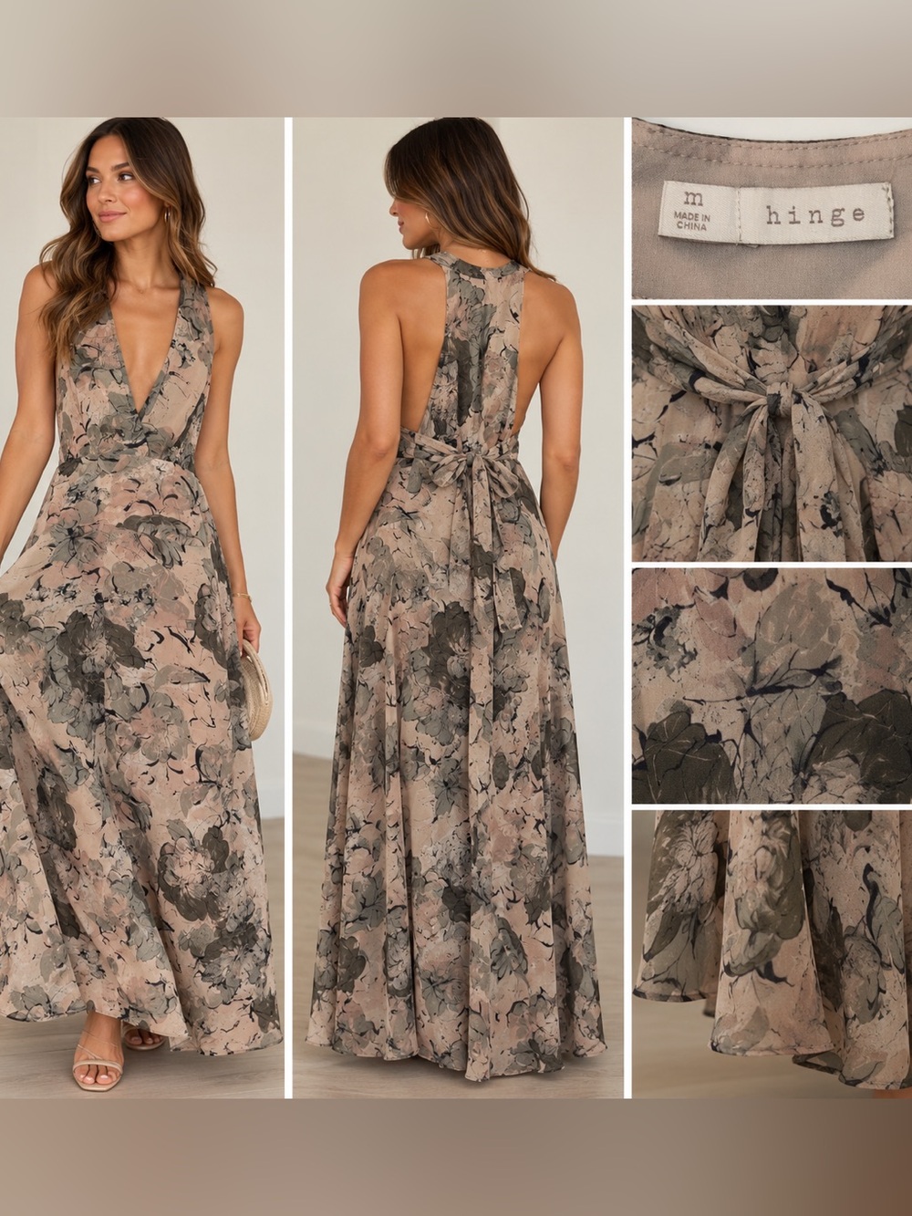 Hinge Painterly Floral Silk Chiffon Halter Maxi Dress Size M